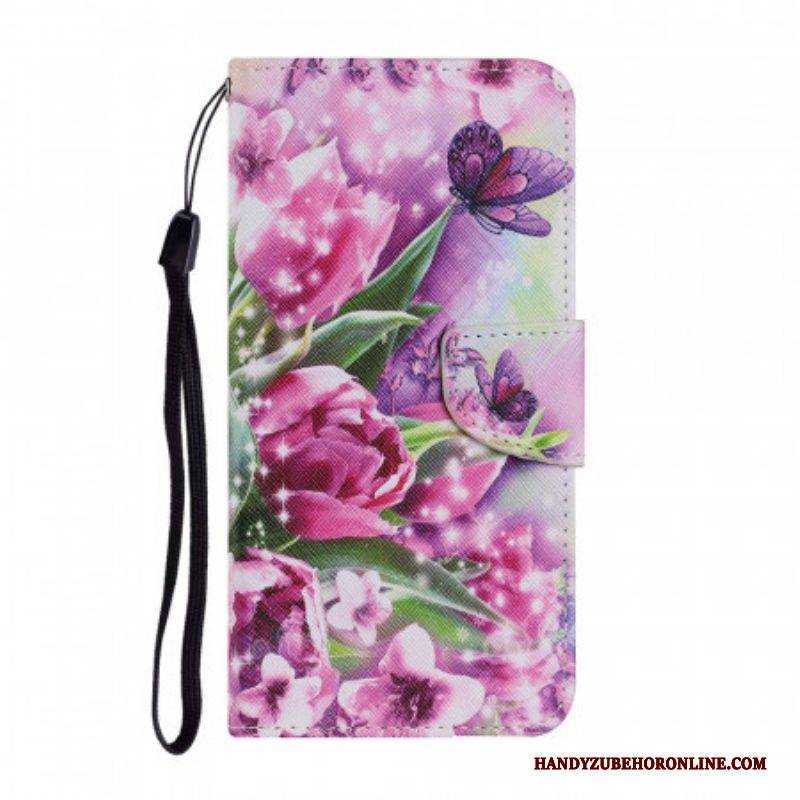 Lederhüllen Für Samsung Galaxy S22 Ultra 5G Schmetterlinge Und Tulpen