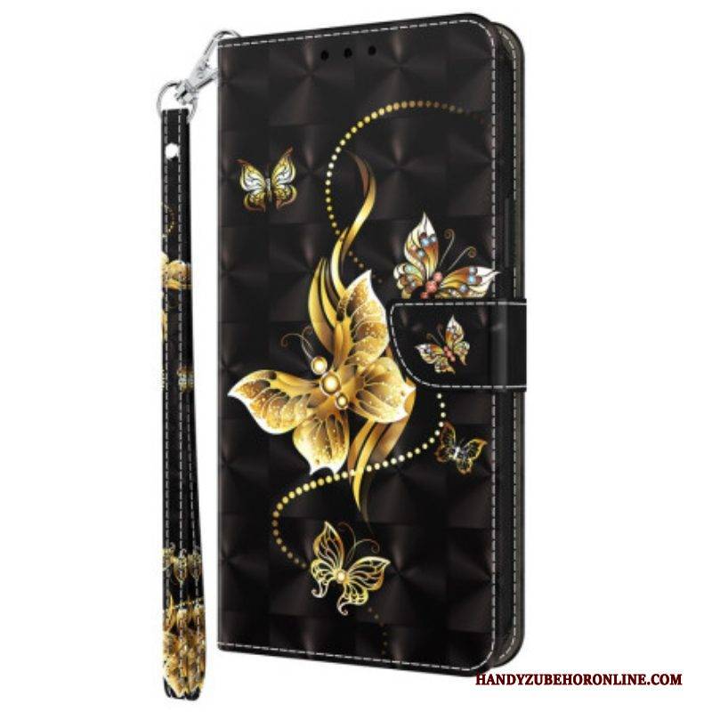 Lederhüllen Für Sony Xperia 5 IV Mit Kordel Goldene Schmetterlinge Mit Riemen