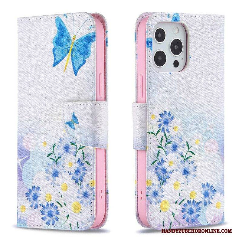 Lederhüllen Für iPhone 13 Pro Max Bemalte Schmetterlinge Und Blumen