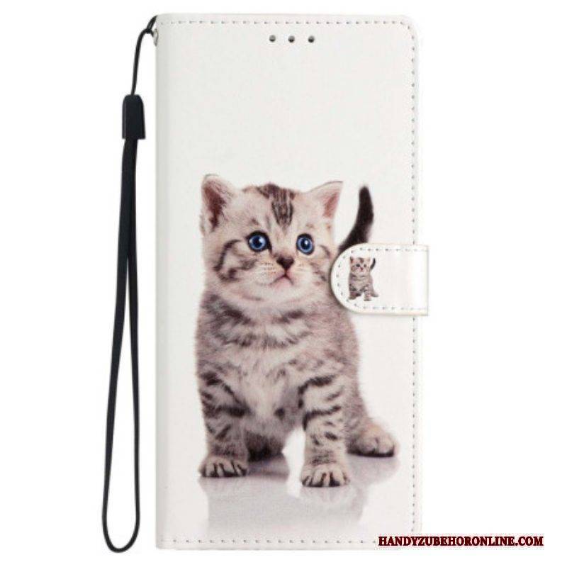 Lederhüllen Für iPhone 15 Mit Kordel Süße Katze Mit Riemen